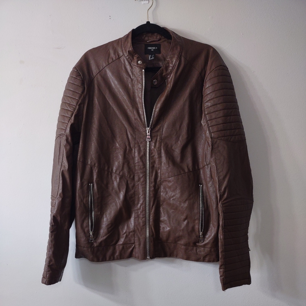 Forever 21 Men Faux Brown Leather Moto Jacket, Size L… Gem